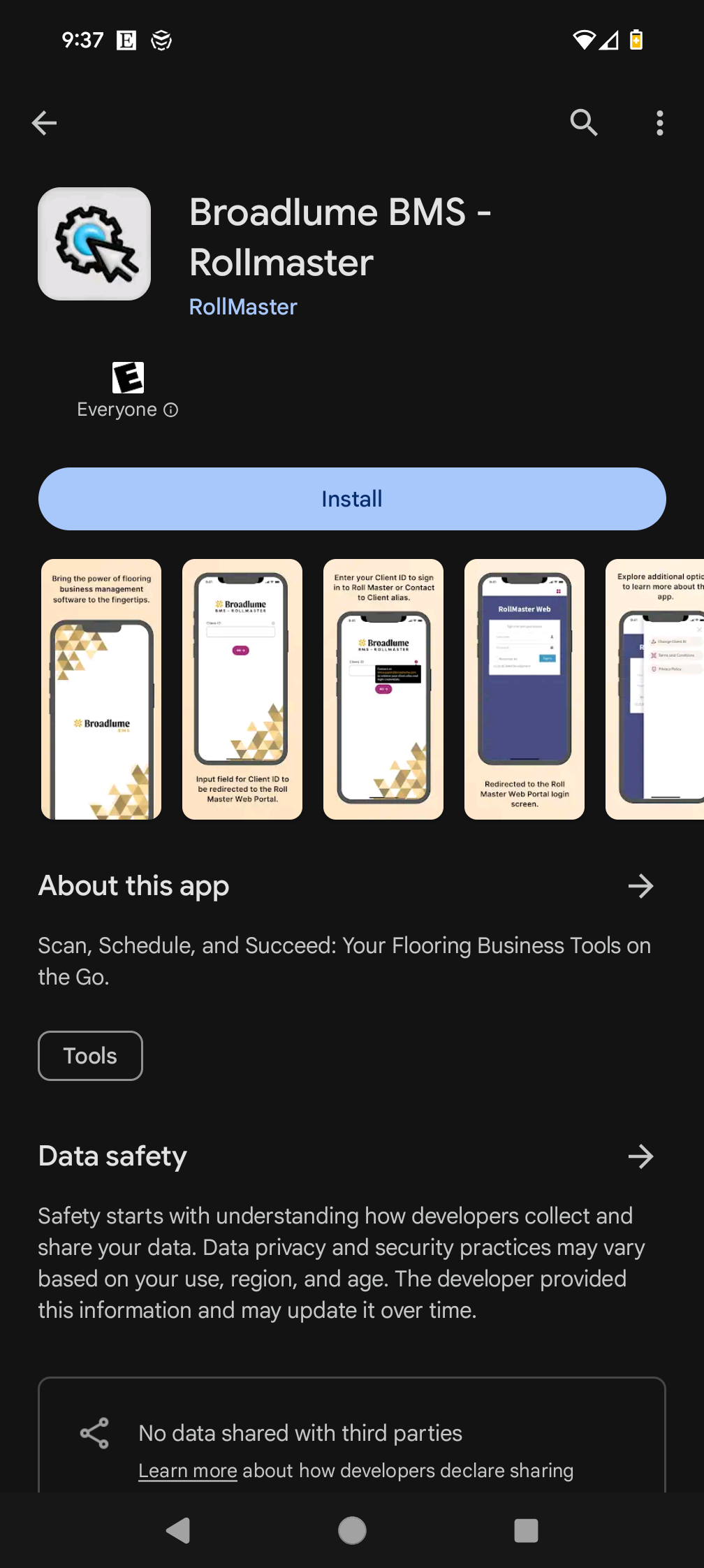 Screenshot of BMS mobile app.  