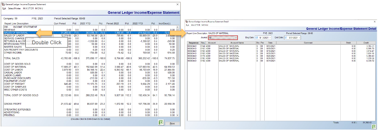 Example of Drill-Down Financials feature within Income Statement